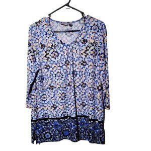 Chicos Easywear Womens sz 2 vneck multicolored geometric 3/4 sleeve top